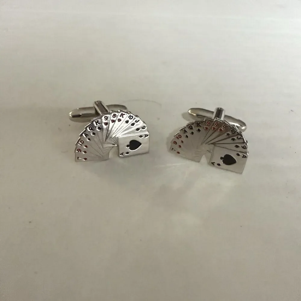 Men's Classic Playing Card Cuff links Silver Tone Ace Of Spades Front Card